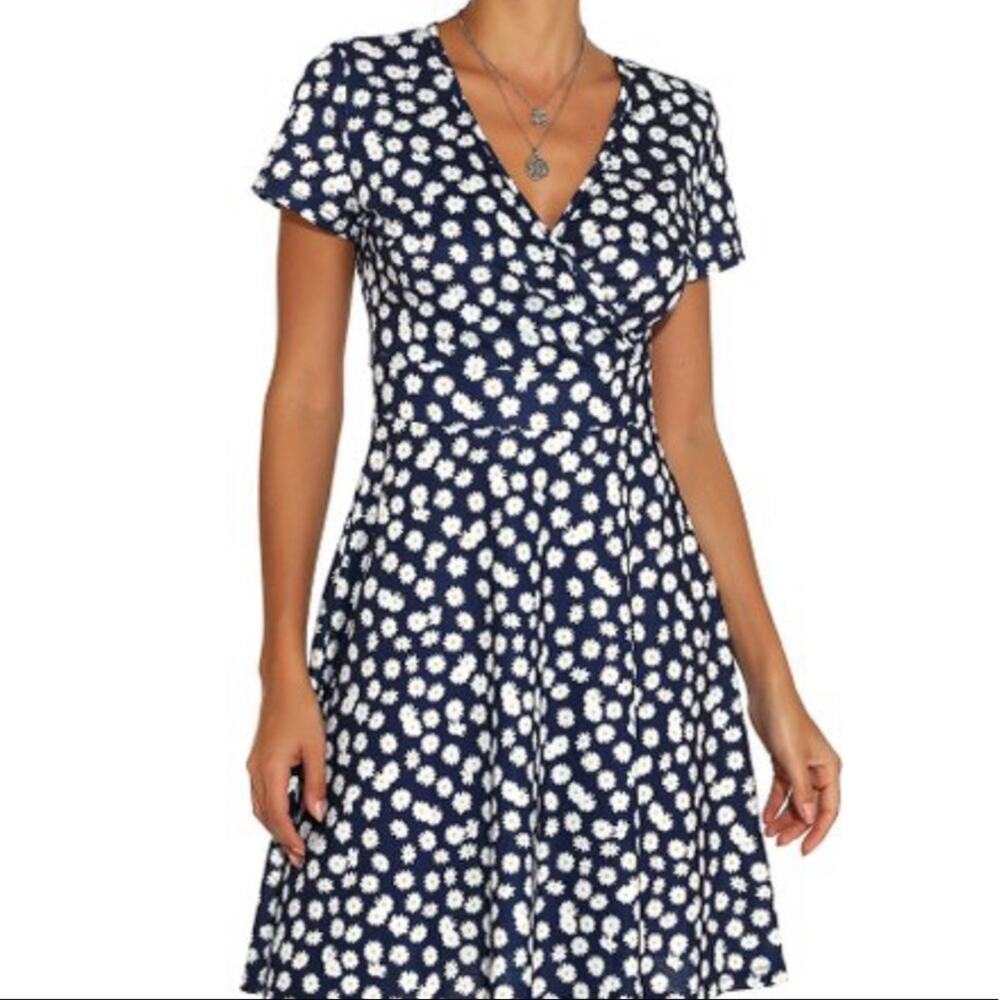Sucrefas Navy Floral V-Neck A-Line Dress Size Medium